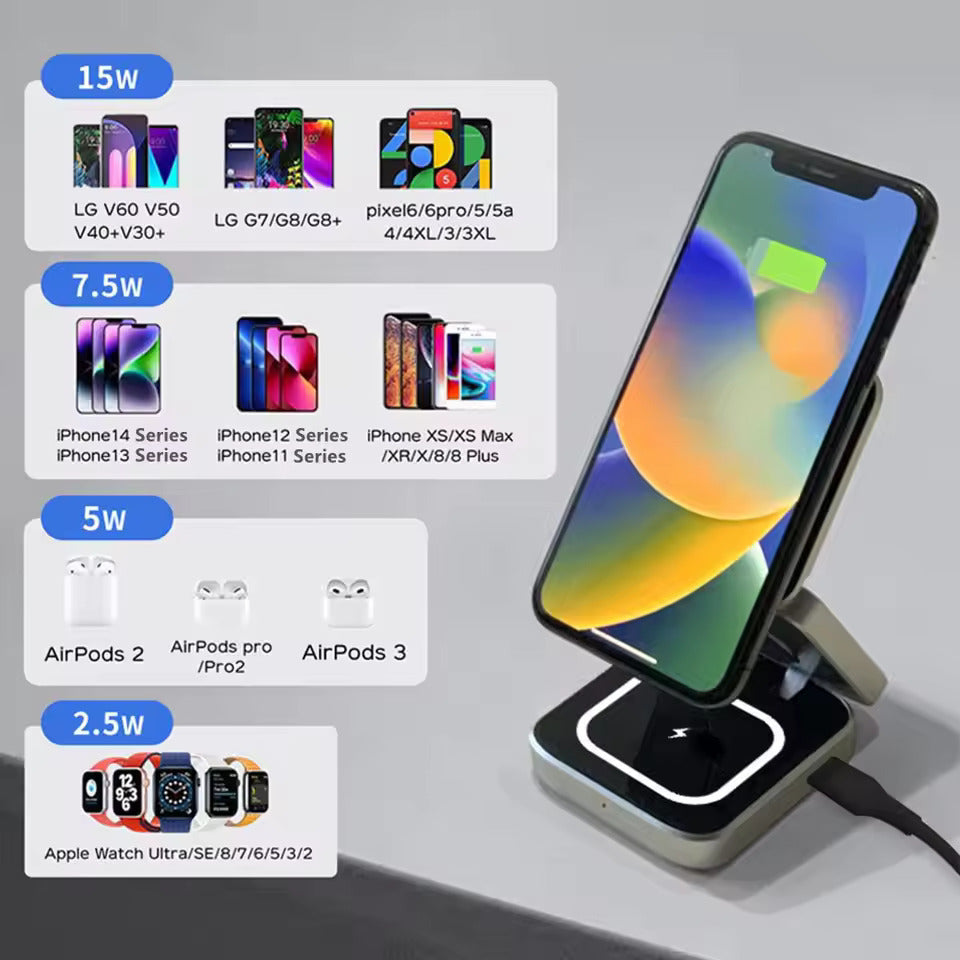 Portable Magnetic Suction Wireless Charger Holder Applicable to iPhone 15 14 13 Pro Mini Foldable Fast Charging Base Station Applicable to Apple Watch SE 8 7 Pro 3 2