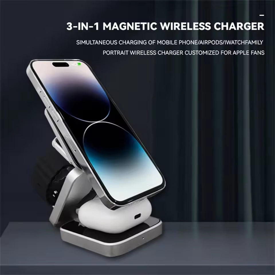 Portable Magnetic Suction Wireless Charger Holder Applicable to iPhone 15 14 13 Pro Mini Foldable Fast Charging Base Station Applicable to Apple Watch SE 8 7 Pro 3 2